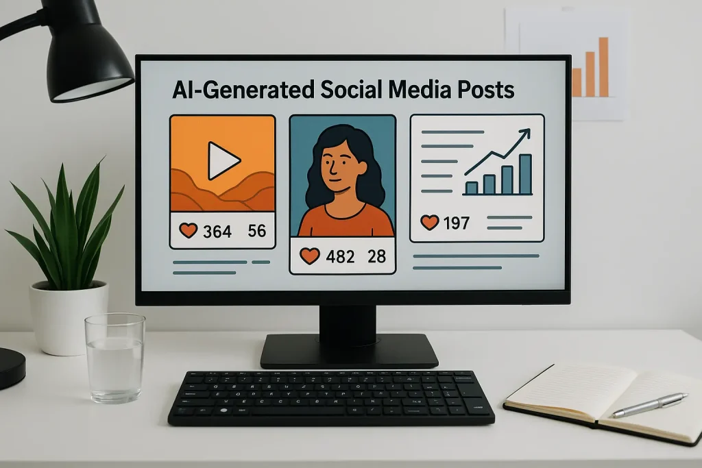 AI-generated content for social media shown on a laptop screen with performance metrics and engagement graphs.