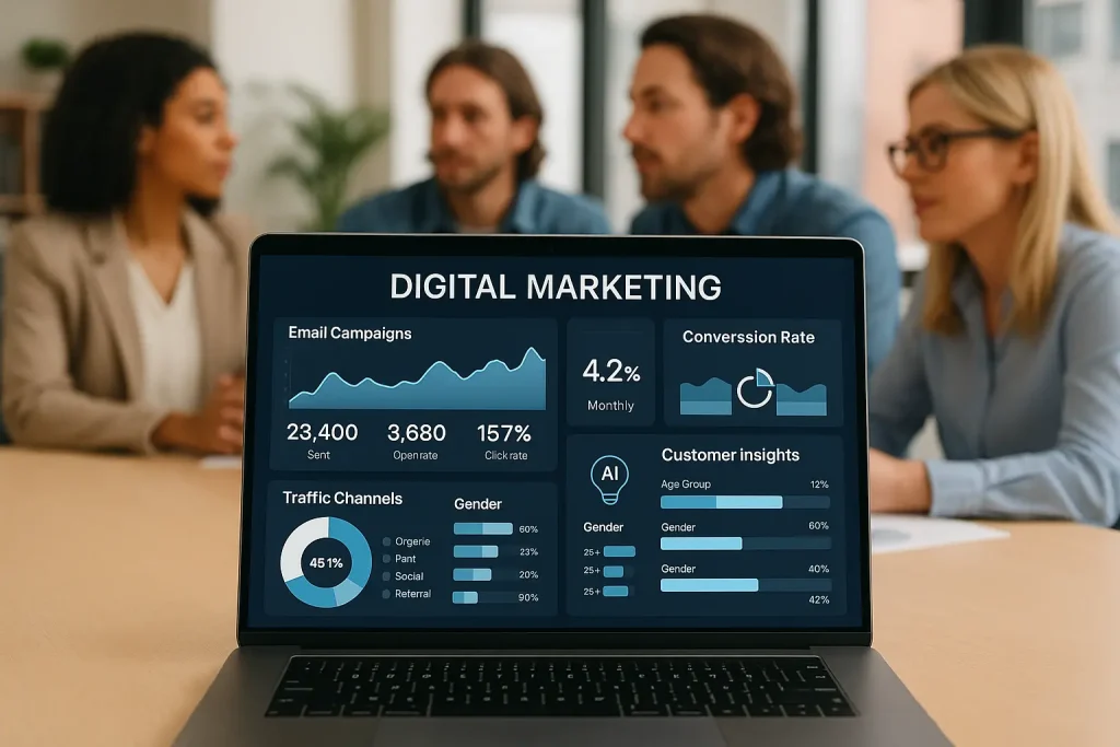AI-powered sales and marketing dashboard showing performance metrics