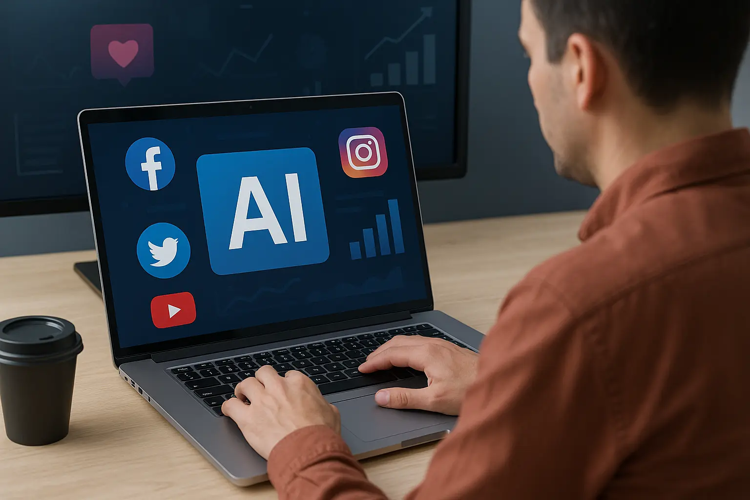 AI tools for social media management with digital marketing elements on a laptop screen.