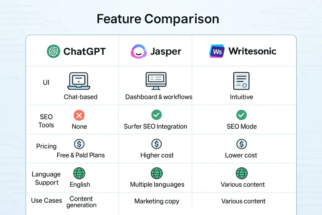 AI writing tools comparison chart – ChatGPT, Jasper, Writesonic