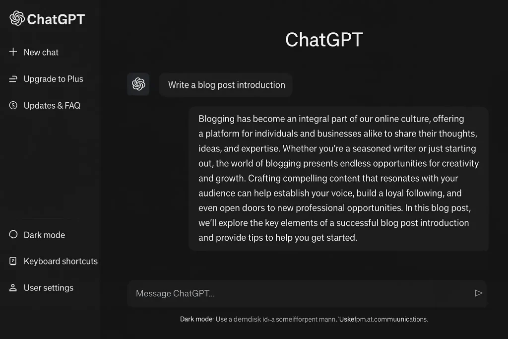 ChatGPT writing interface for blog content