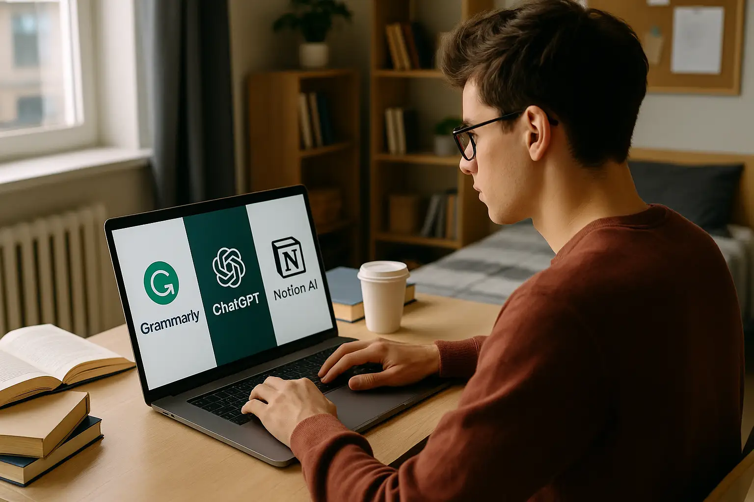 College student using AI tools like Grammarly and ChatGPT for studying in a modern workspace