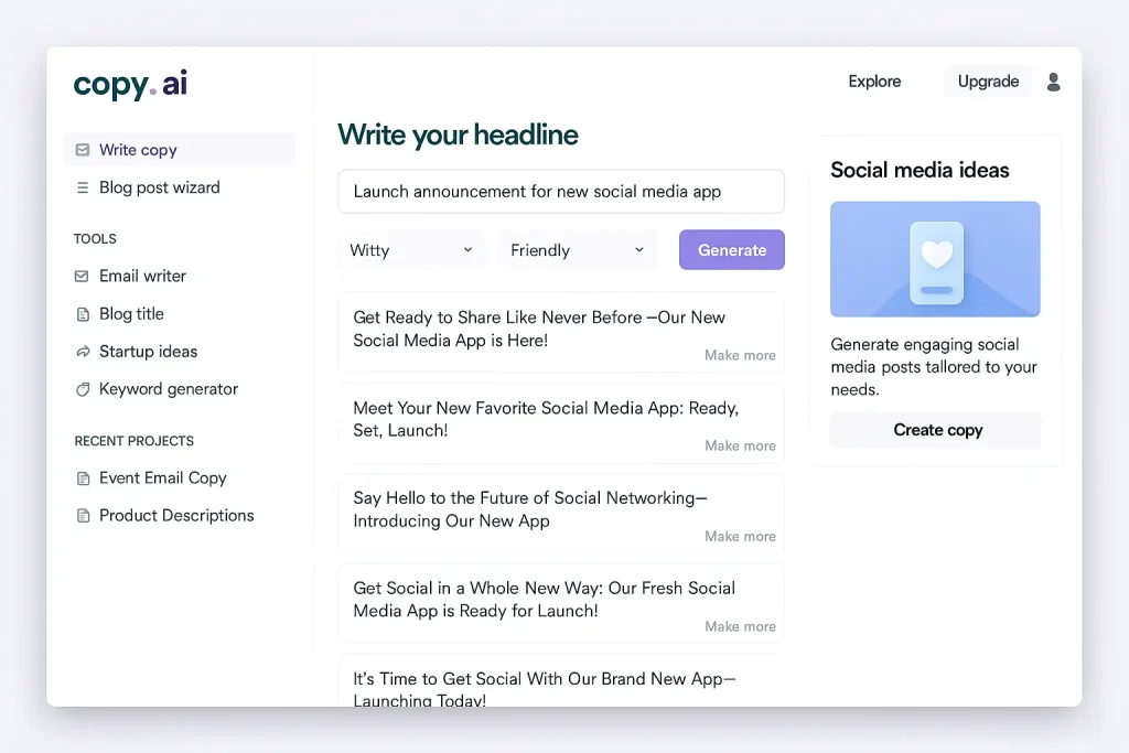 Copy.ai tool creating marketing copy from user prompts
