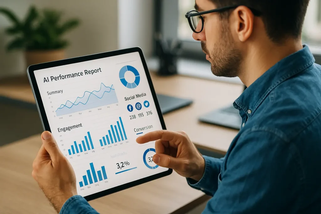 A marketer analyzing AI-generated social media performance reports on a tablet.
