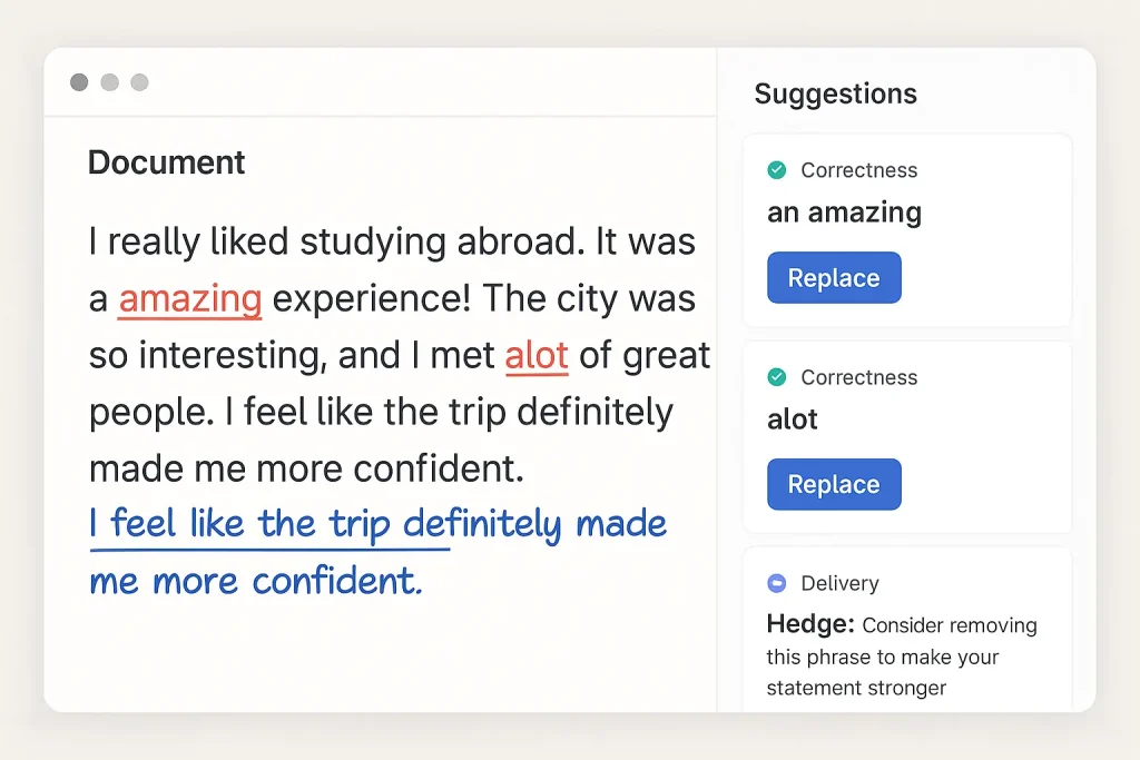Mockup of AI writing tool offering grammar and tone corrections for student writing