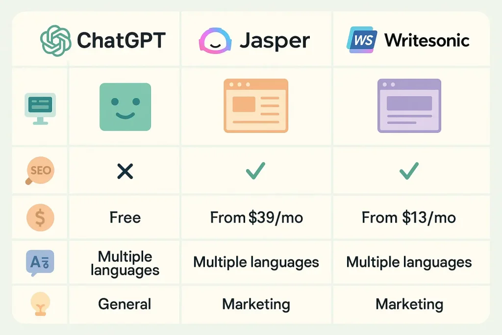 Pros and cons comparison of ChatGPT, Jasper, and Writesonic