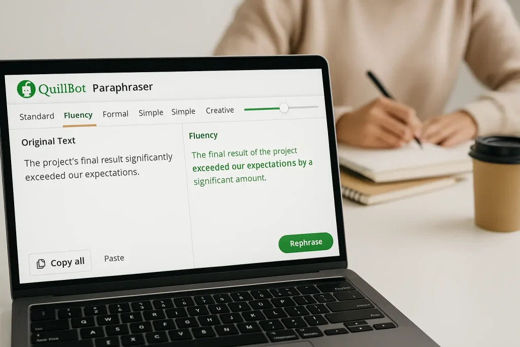 QuillBot paraphrasing sentence with fluency improvements