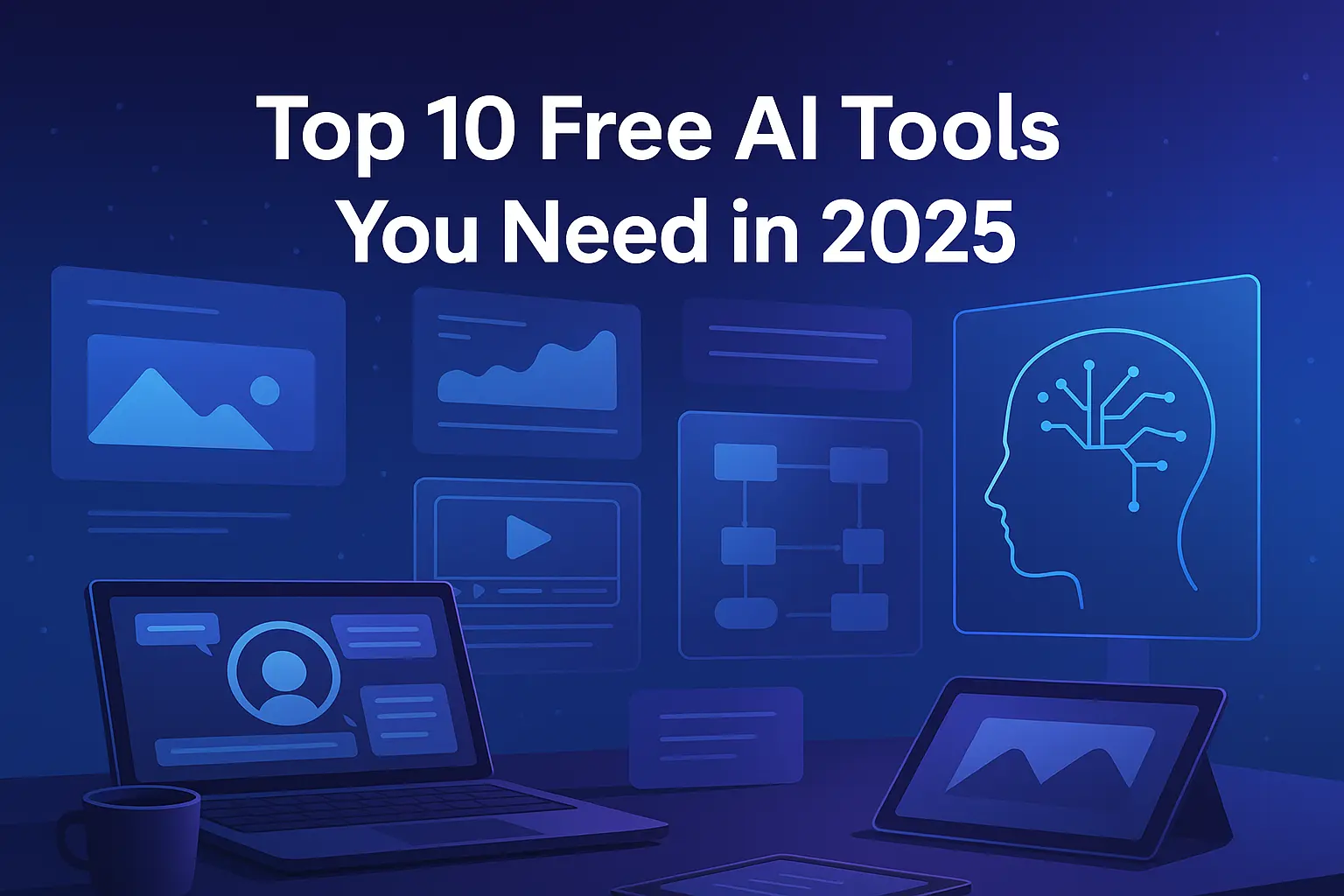 Futuristic workspace with AI tools for productivity and content creation in 2025