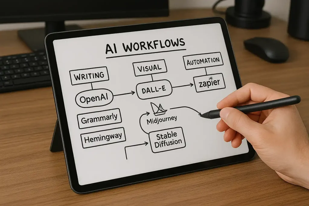 Workflow combining AI tools for content creation and automation
