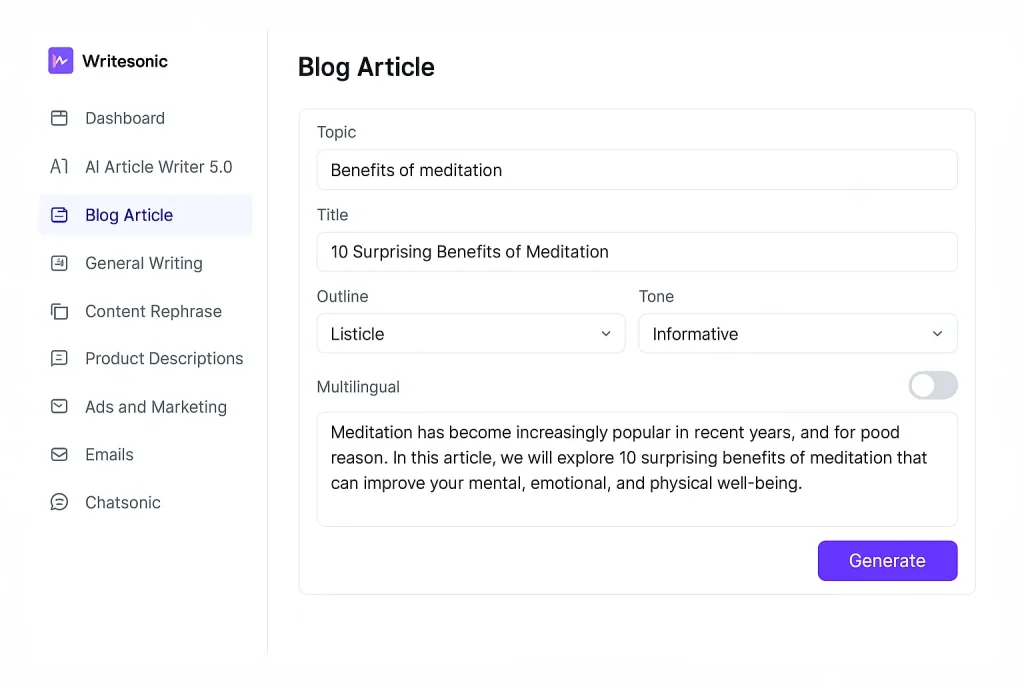 Writesonic blog generation workflow interface