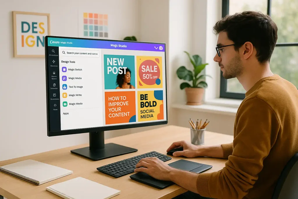 Graphic designer creating social media visuals using Canva Magic Studio in a bright creative workspace