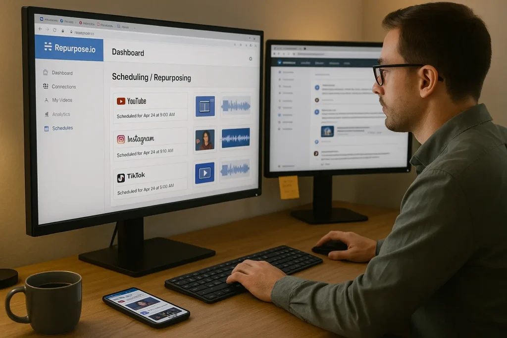Digital marketer using Repurpose.io to automate posting content to YouTube, Instagram, and TikTok from a dual-screen desk setup