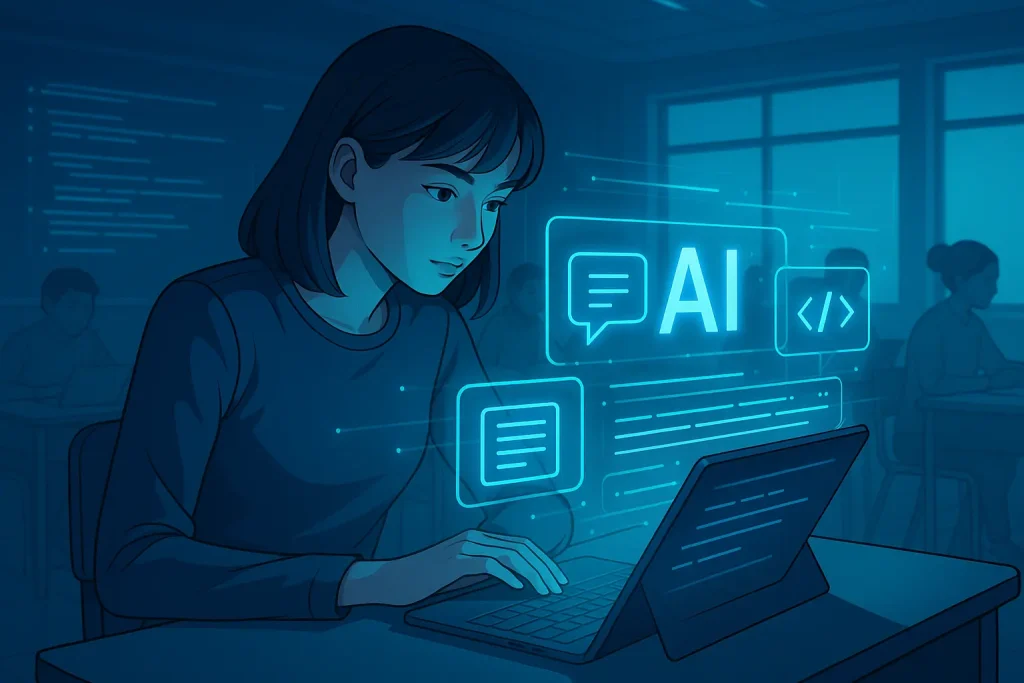 Futuristic classroom with a student using AI tools, symbolizing the future impact of AI on academic writing