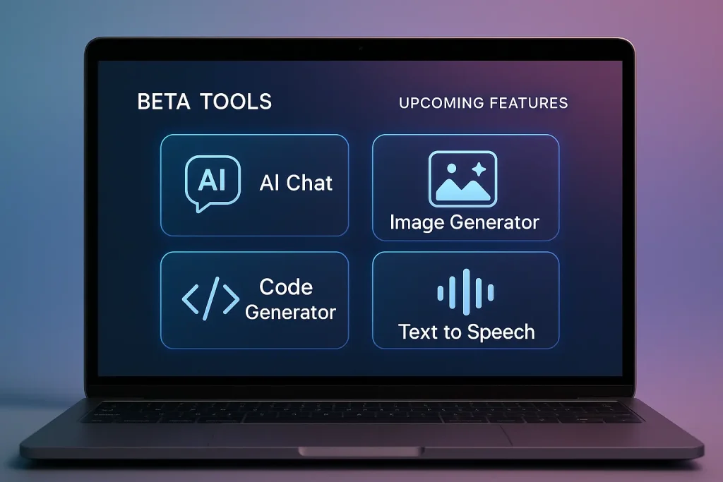 Futuristic AI writing tools on a laptop screen, featuring beta and upcoming tools for academic use.