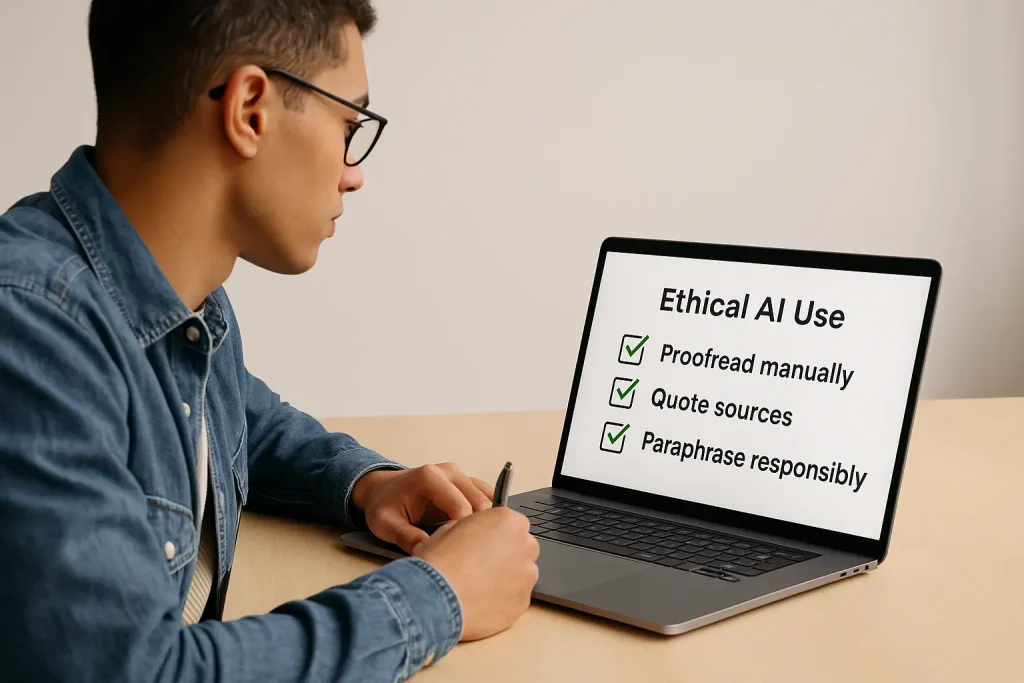 Student following ethical guidelines while using AI writing tools, including proofreading and citing sources.