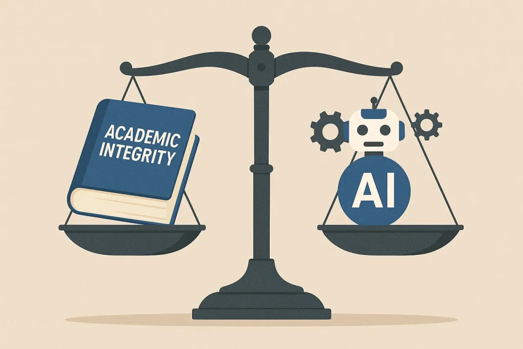 A balance scale symbolizing the ethical use of AI in education, balancing AI tools with academic integrity.