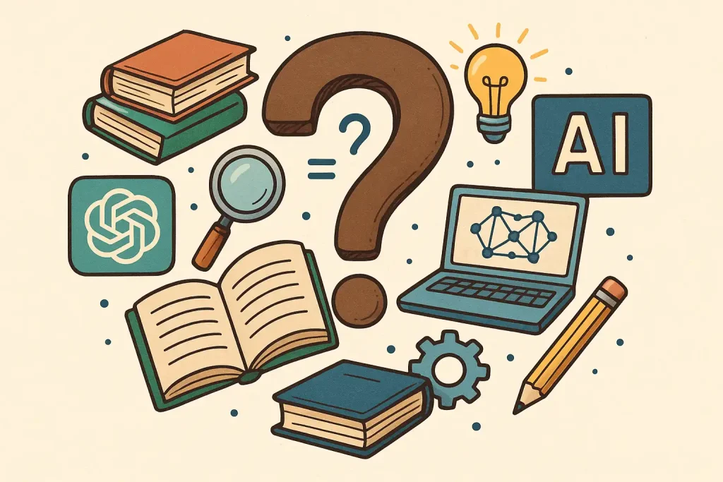 FAQ image showing a question mark with AI tools and books around it, symbolizing common student questions about AI tools.