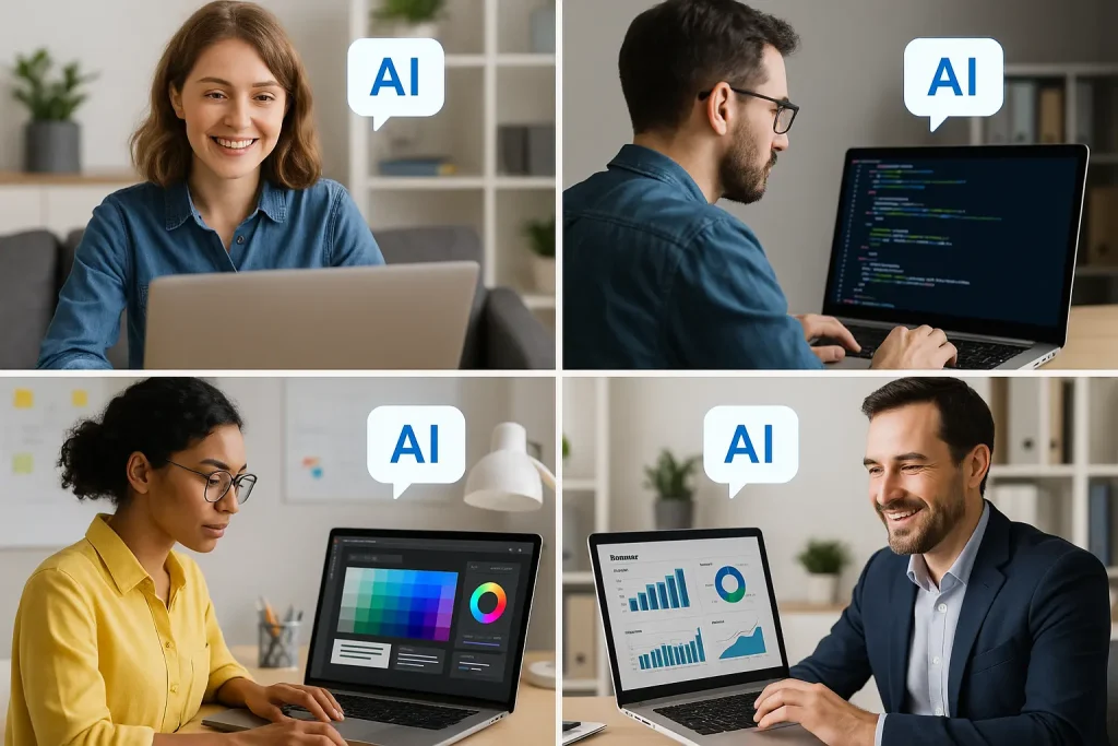 Professionals from various industries using AI tools, including marketing, development, design, and business.