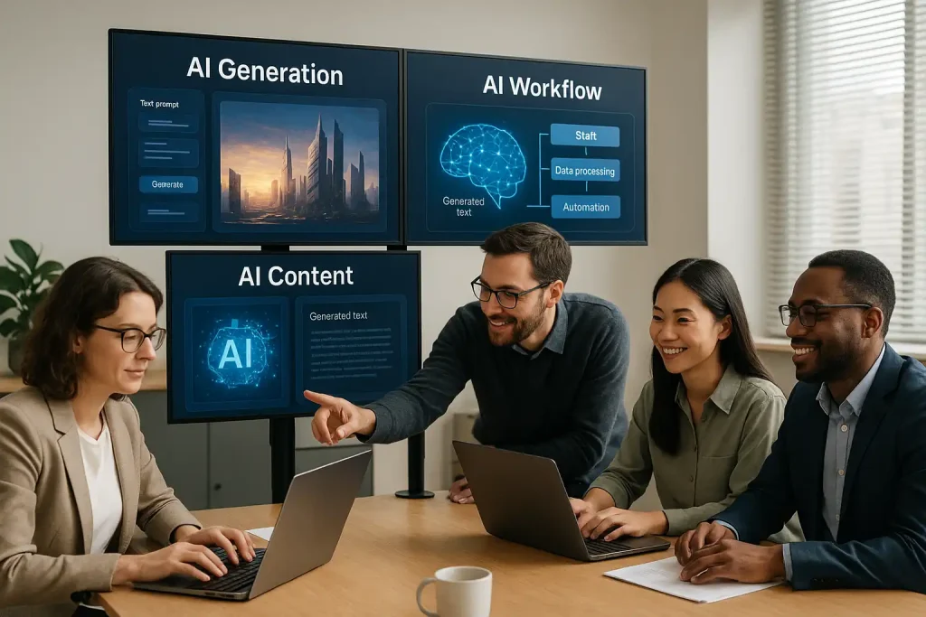 Professionals collaborating in an office with advanced paid AI tools on multiple screens.