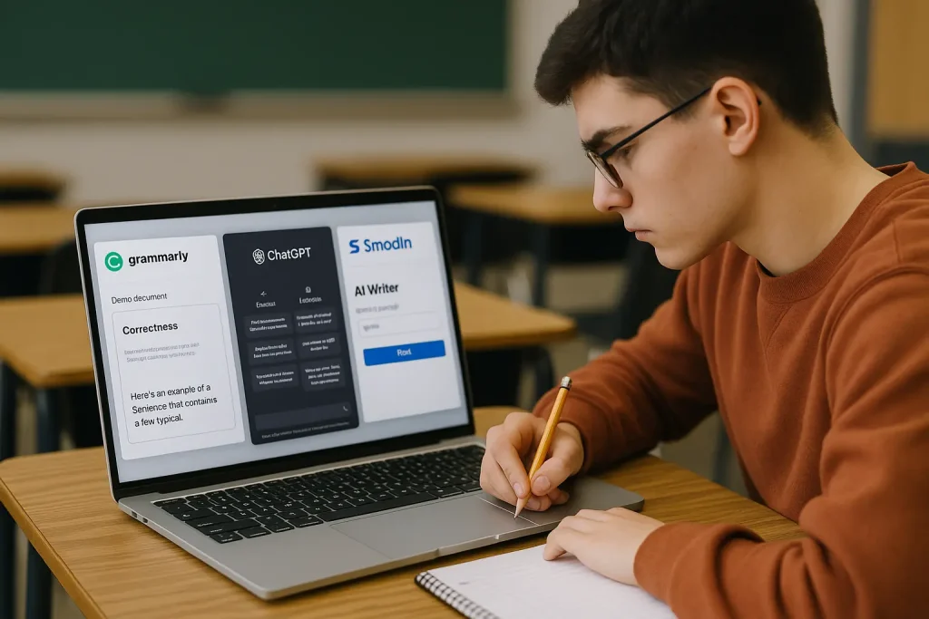 tudent evaluating free AI writing tools for academic use, showcasing the testing process in an educational setting.